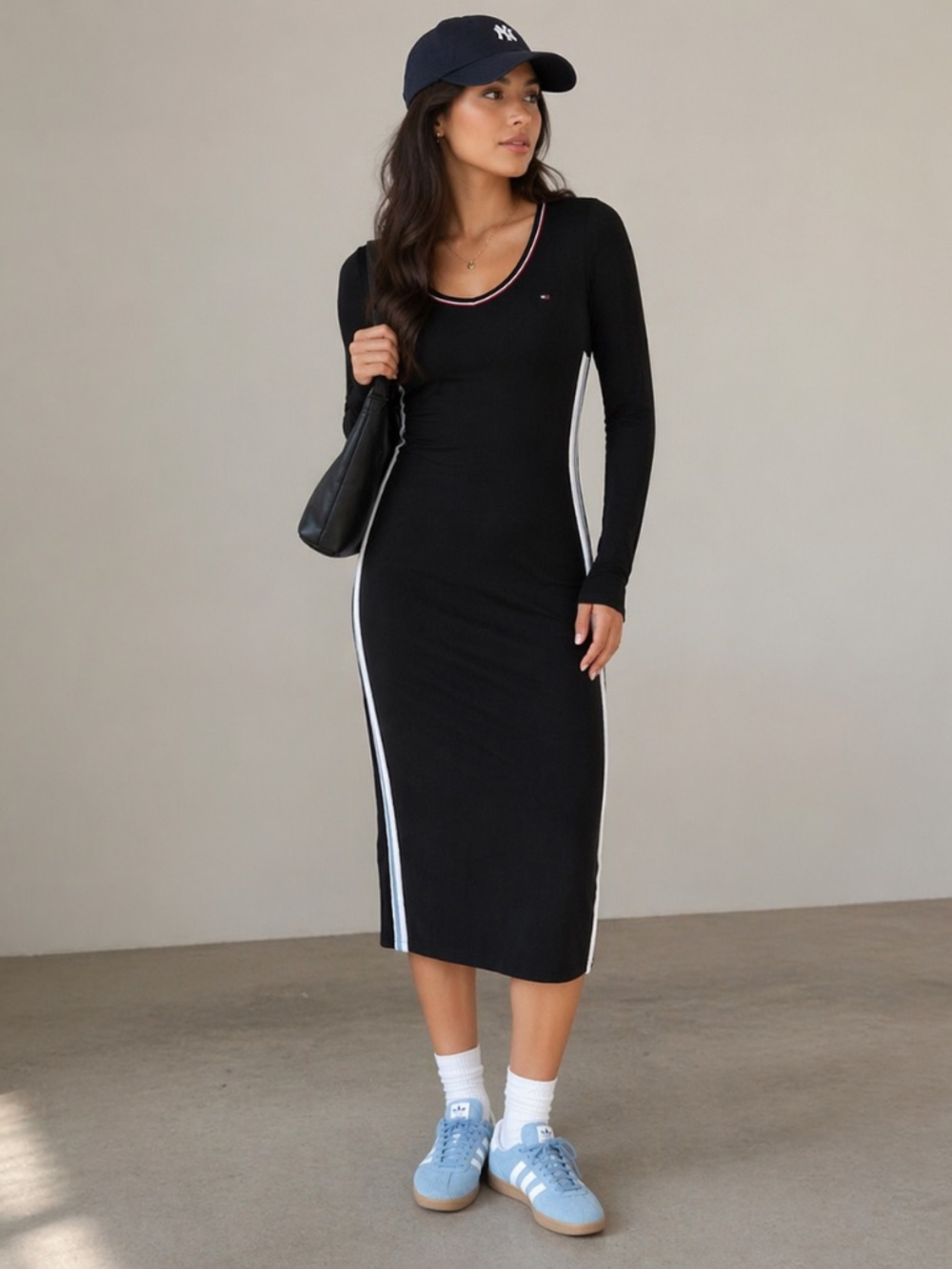 Tommy Hilfiger Black Ribbed Bodycon Midi Dress Sz L Athleisure Preppy